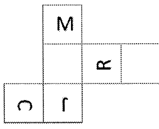 Planificação: quadrado com M no alto; abaixo dele, linha com um quadrado em branco, um com R e outro em branco; na linha de baixo, um quadrado com C e, abaixo do quadrado em branco sob o M, um quadrado com J. Letras em orientações diferentes, conforme a figura.