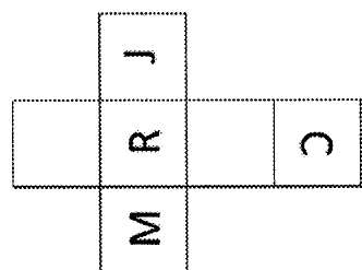 Planificação de cubo em forma de cruz: coluna vertical de três quadrados com as letras J (em cima), R (no meio) e M (embaixo); na linha do quadrado R, um quadrado em branco à esquerda e, à direita, um quadrado em branco seguido de um quadrado com C. As letras aparecem em orientações diferentes (giradas), conforme a figura.