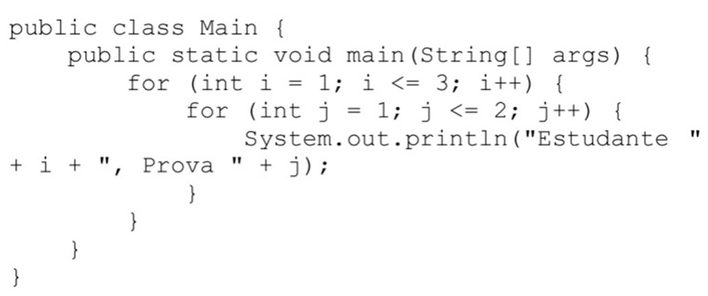 Código Java: classe pública Main com método main contendo um laço for de i = 1 até i <= 3 e, aninhado, um laço for de j = 1 até j <= 2, que executa System.out.println("Estudante " + i + ", Prova " + j).