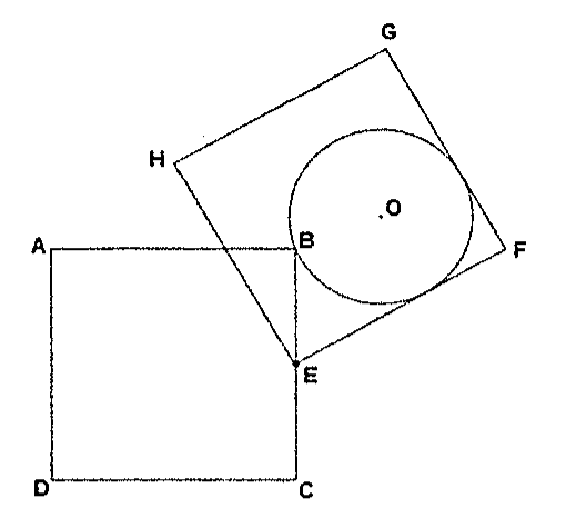 Quadrado ABCD com E no lado BC e quadrado EFGH girado com vértice em E; o lado HE passa pelo ponto B. Dentro do quadrado EFGH há uma circunferência de centro O que passa por B e tangencia os lados EF e FG.