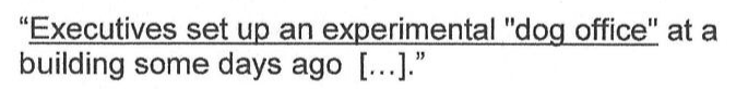 Trecho do texto: "Executives set up an experimental "dog office" at a building some days ago [...].", com sublinhado em: Executives set up an experimental "dog office".
