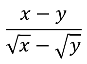 Fração: x menos y sobre raiz de x menos raiz de y.