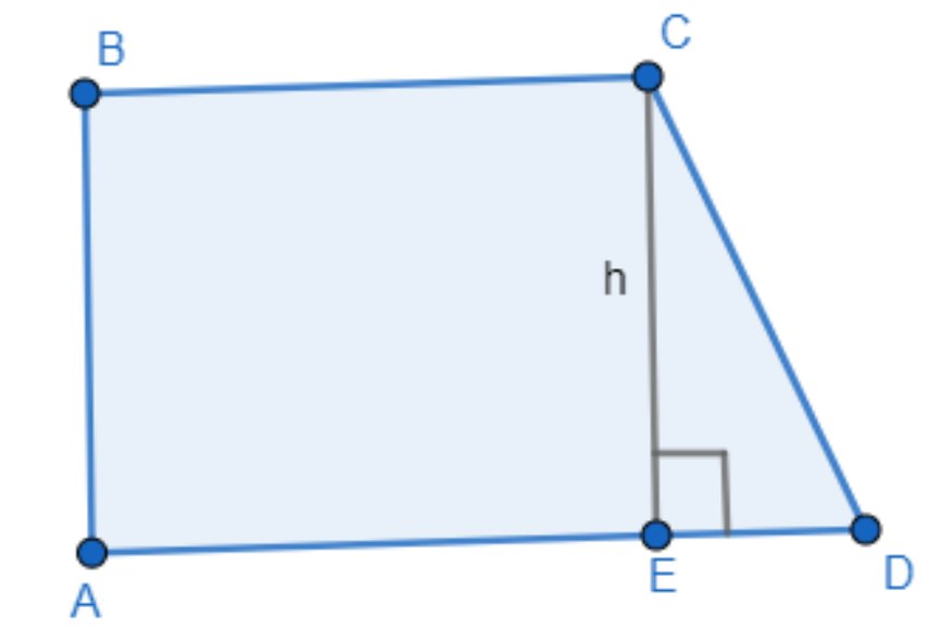 Trapézio retângulo ABCD com A no canto inferior esquerdo, B no superior esquerdo, C no superior direito e D no inferior direito; segmento vertical h de C até E, sobre a base AD, com ângulo reto em E.