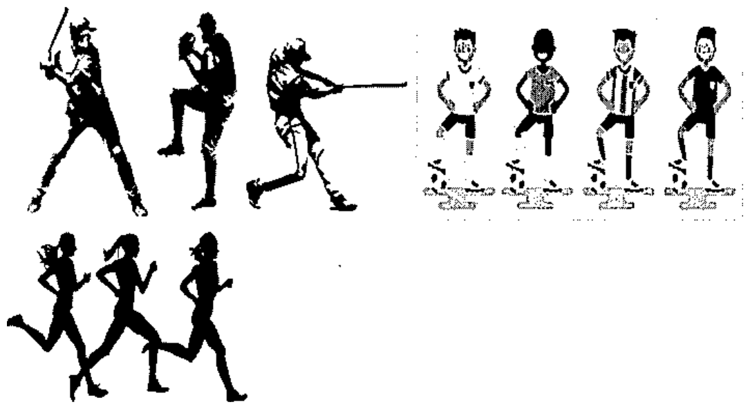Conjunto de figuras: três silhuetas de jogadores de beisebol (rebatedor, arremessador e rebatedor girando o taco); quatro jogadores de futebol com bola nos pés; três silhuetas de pessoas correndo.