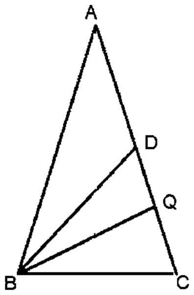 Triângulo ABC com vértice A no topo e base BC; pontos D e Q sobre o lado AC, com D mais próximo de A; segmentos BD e BQ traçados a partir de B.