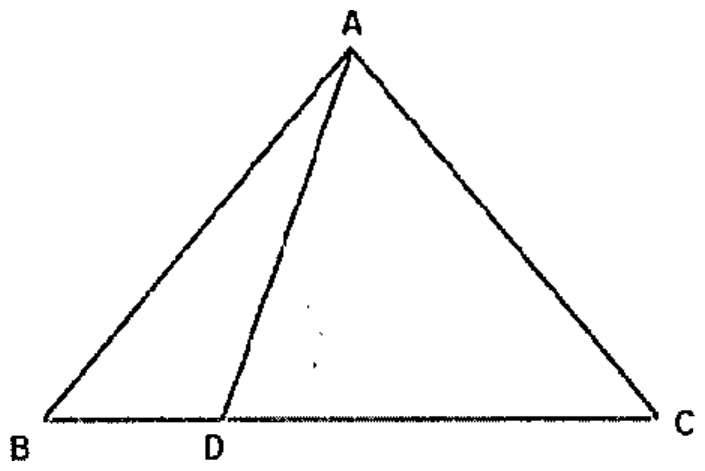 Triângulo ABC com base BC; ponto D sobre BC, entre B e C, mais próximo de B; segmento AD traçado.