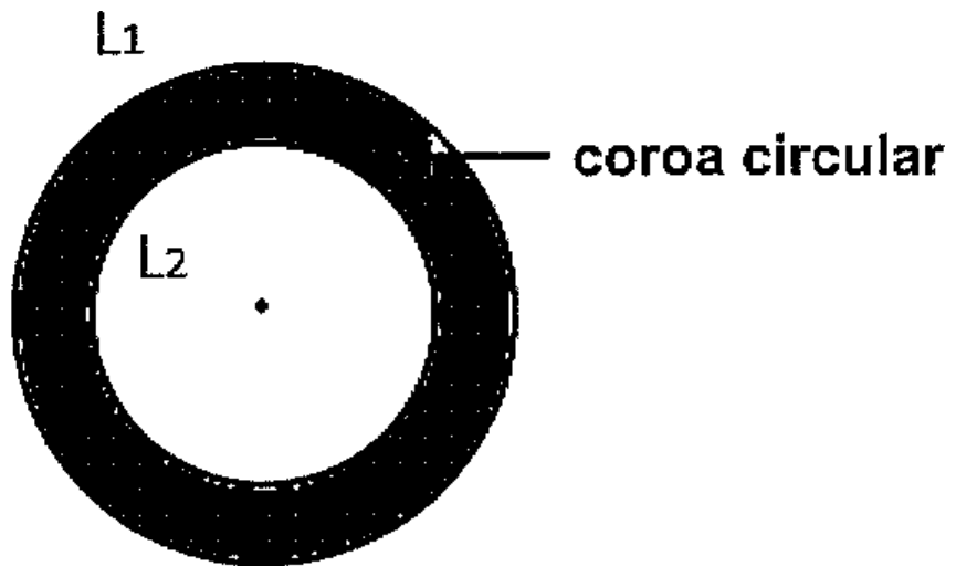 Duas circunferências concêntricas, L1 externa e L2 interna, com a região entre elas (coroa circular) sombreada e indicada por seta; ponto marcando o centro.