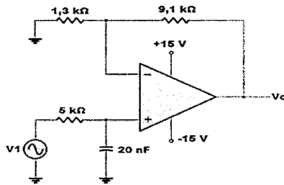 Filtro passa-baixas ativo com amplificador operacional alimentado em +15 V e -15 V; fonte V1 ligada por resistor de 5 kΩ à entrada não inversora com capacitor de 20 nF para a terra; resistor de 1,3 kΩ da entrada inversora para a terra e realimentação de 9,1 kΩ até a saída Vo.