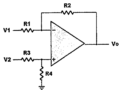 Amplificador operacional em configuração diferencial: V1 aplicada por R1 à entrada inversora com realimentação R2 até Vo; V2 aplicada por R3 à entrada não inversora, com R4 para a terra.