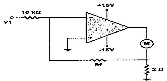 Circuito com amplificador operacional alimentado em +15 V e -15 V, entrada V1 por resistor de 10 kΩ, medidor M, resistor Rf e resistor de 2 Ω para a terra.