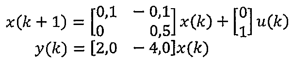Equações de estado: x(k+1) = [0,1 -0,1; 0 0,5] x(k) + [0; 1] u(k) e y(k) = [2,0 -4,0] x(k).