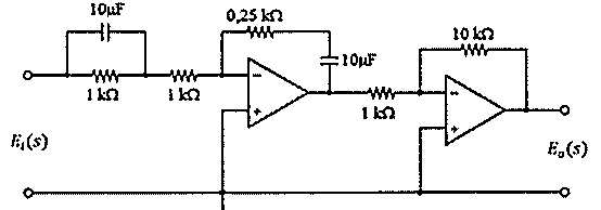 Circuito com dois amplificadores operacionais: entrada Ei(s) por um capacitor de 10 µF em paralelo com resistor de 1 kΩ, seguido de resistor de 1 kΩ até a entrada inversora do primeiro amplificador, cuja realimentação tem resistor de 0,25 kΩ em série com capacitor de 10 µF; o segundo amplificador é inversor com resistor de entrada de 1 kΩ e realimentação de 10 kΩ, saída Eo(s).
