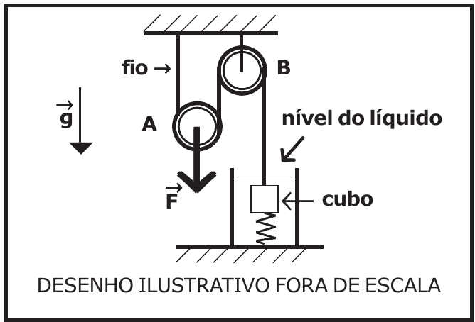 Desenho: roldana B fixa no teto e roldana A móvel; o fio passa pelas roldanas e desce até o cubo imerso em líquido num recipiente; o cubo está preso por uma mola ao fundo do recipiente; força F aplicada para baixo no eixo da roldana A; indicações fio, nível do líquido, cubo e vetor g. Desenho ilustrativo fora de escala.