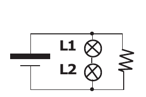 Circuito: L1 e L2 em série entre si, e esse conjunto em paralelo com o resistor, ligados ao gerador.