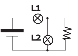 Circuito: L1 em série com o gerador e com o conjunto formado por L2 em paralelo com o resistor.