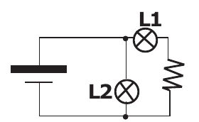 Circuito: L2 ligada em paralelo com o conjunto formado por L1 em série com o resistor, alimentados pelo gerador.