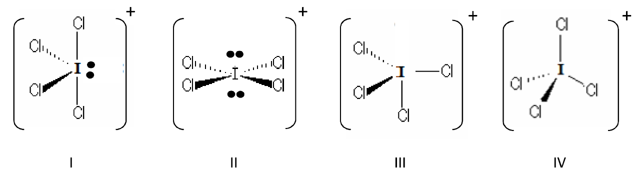 Quatro estruturas espaciais do íon ICl₄⁺, numeradas I, II, III e IV, com diferentes arranjos dos átomos de cloro e pares de elétrons em torno do iodo.