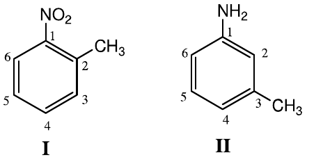 Molécula I: anel benzênico com NO₂ na posição 1 e CH₃ na posição 2. Molécula II: anel benzênico com NH₂ na posição 1 e CH₃ na posição 3. Posições numeradas de 1 a 6.