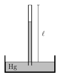Tubo emborcado em uma cuba com mercúrio (Hg): o tubo contém uma coluna de mercúrio e, acima dela, ar aprisionado; ℓ indica o comprimento do tubo acima do nível do mercúrio na cuba.