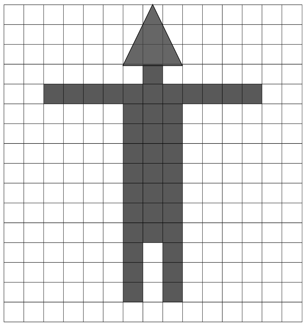 Malha quadriculada de 15 colunas por 16 linhas com uma figura sombreada representando o Cristo Redentor: um triângulo no topo como cabeça, um pescoço de um quadradinho, braços abertos em uma faixa horizontal, tronco com três quadradinhos de largura e duas pernas de um quadradinho de largura separadas por um quadradinho em branco.