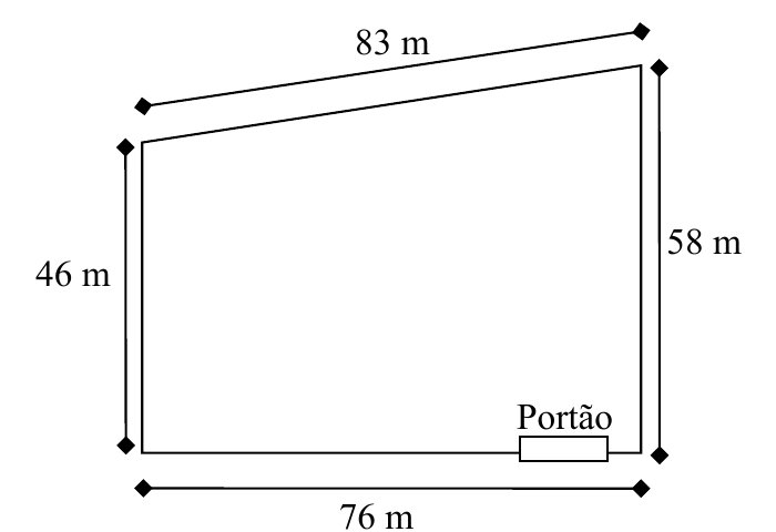 Quadrilátero com lado superior inclinado de 83 m, lado esquerdo de 46 m, lado direito de 58 m e lado inferior de 76 m, no qual está indicado um portão próximo ao canto inferior direito.