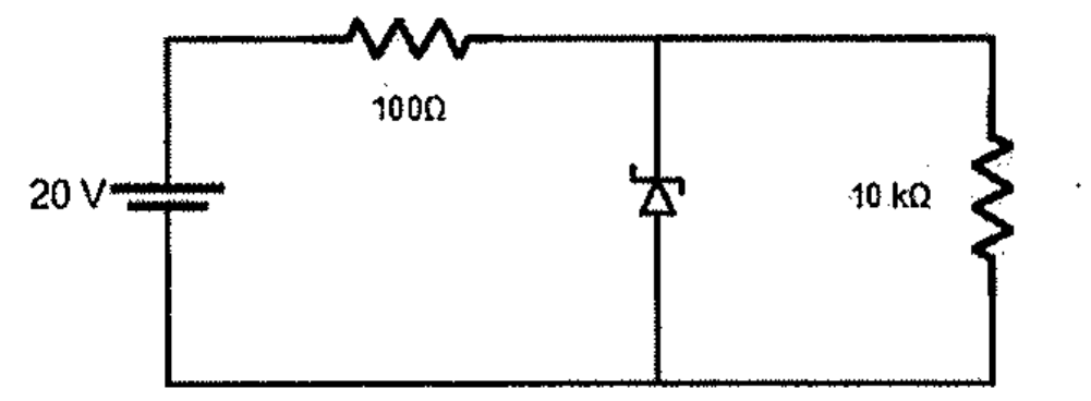 Circuito: fonte de 20 V em série com resistor de 100 Ω, alimentando um diodo zener em paralelo com resistor de carga de 10 kΩ.
