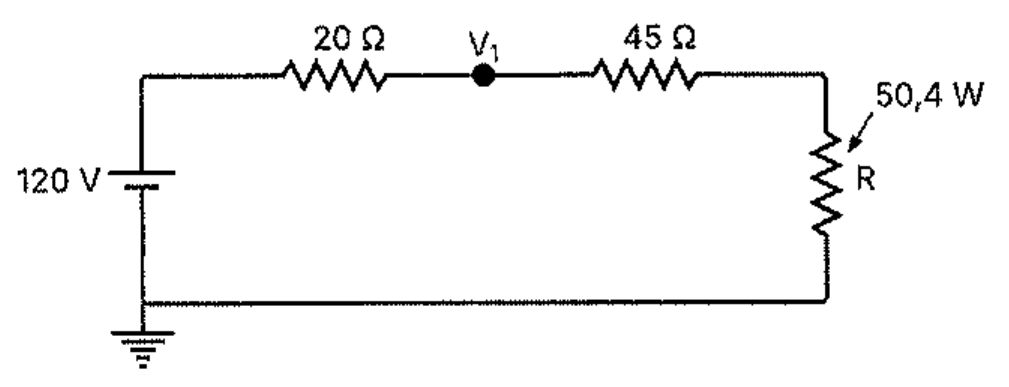 Circuito série: fonte de 120 V aterrada, resistor de 20 Ω, nó V1, resistor de 45 Ω e resistor R, no qual é indicada a potência de 50,4 W.