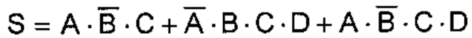 S = A · B barrado · C + A barrado · B · C · D + A · B barrado · C · D