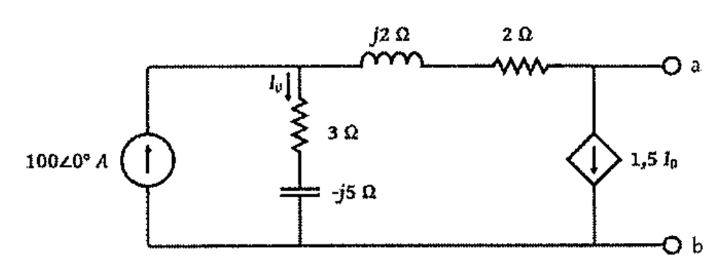 Circuito com fonte de corrente de 100∠0° A em paralelo com ramo de 3 Ω em série com -j5 Ω (corrente I0); em seguida, j2 Ω e 2 Ω em série até o terminal a; fonte de corrente dependente de 1,5 I0 entre os terminais a e b.