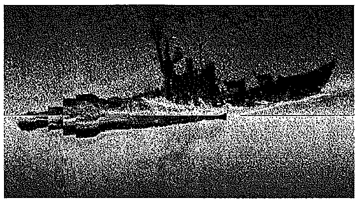 Imagem acústica monocromática e granulada do casco de um navio soçobrado deitado sobre o fundo, visto de lado, com a superestrutura projetando sombra escura acima do casco.