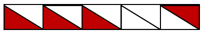 Cinco quadrados em fila, cada um dividido por uma diagonal em dois triângulos; regiões escuras pintadas em vermelho.