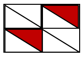Quatro quadrados em arranjo 2 por 2, cada um dividido por uma diagonal em dois triângulos; regiões escuras pintadas em vermelho.