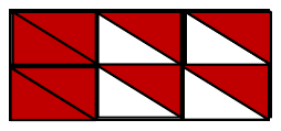 Seis quadrados em arranjo 2 por 3, cada um dividido por uma diagonal em dois triângulos; regiões escuras pintadas em vermelho.