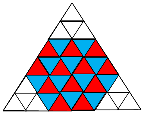 Triângulo equilátero dividido em 36 triângulos equiláteros menores; 24 deles estão pintados em vermelho e azul, formando uma região central, e os demais estão em branco.
