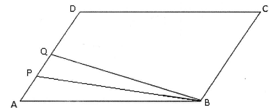 Paralelogramo ABCD com vértices A e B na base inferior e D e C na superior; pontos Q e P sobre o lado AD, com segmentos ligando Q e P ao vértice B.