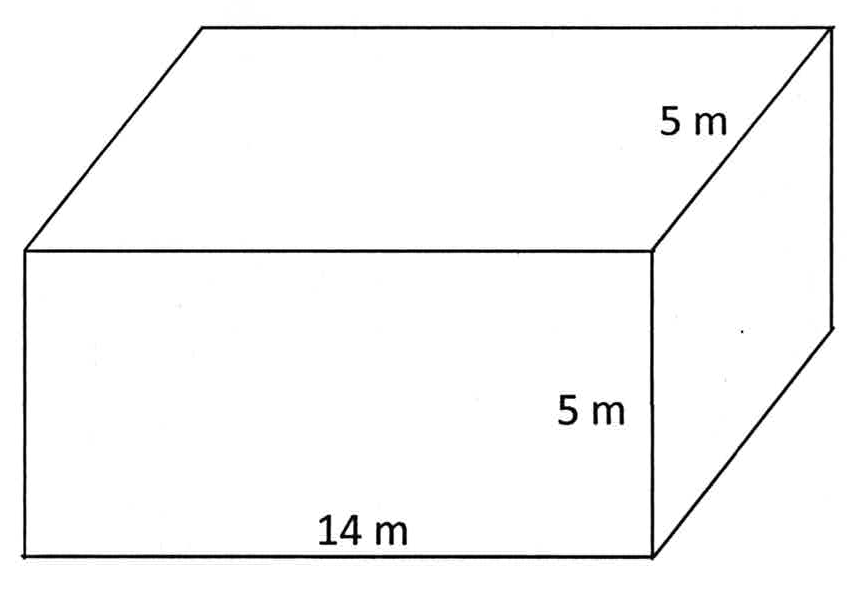 Paralelepípedo reto com 14 m de comprimento, 5 m de altura e 5 m de largura.