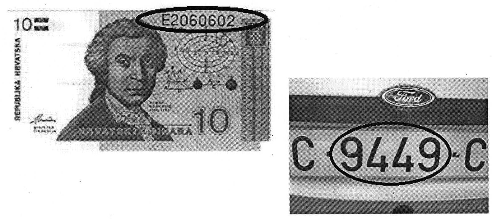 Cédula de 10 kunas da Croácia com o número de série E2060602 circulado e placa de automóvel com o número 9449 circulado.