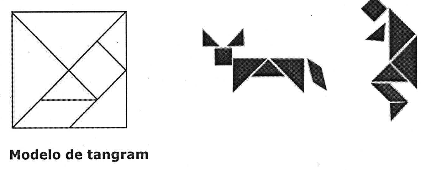 Modelo de tangram (quadrado dividido em sete peças) e duas figuras montadas com peças de tangram.