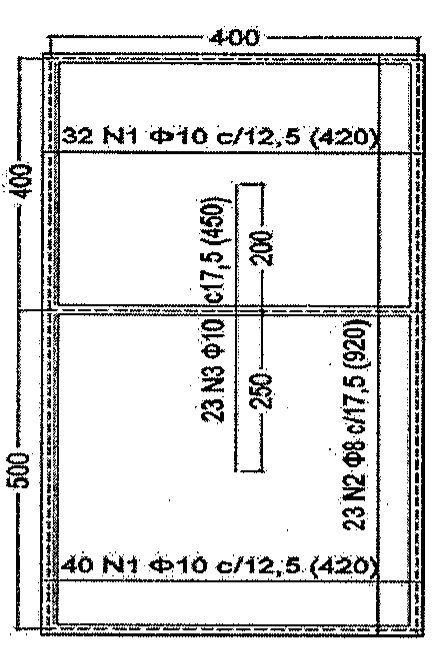 Planta de armação de laje com dimensões 400 por 900 cm (trechos de 400 e 500). Indicações: 32 N1 Φ10 c/12,5 (420) na faixa superior; 40 N1 Φ10 c/12,5 (420) na faixa inferior; 23 N3 Φ10 c/17,5 (450), com trechos de 200 e 250; 23 N2 Φ8 c/17,5 (920).