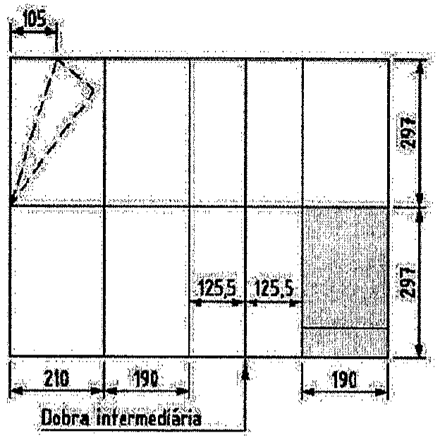 Esquema de dobramento de folha com cotas em milímetros: 105 no canto superior esquerdo com triângulo tracejado; largura dividida em 210, 190, 125,5, 125,5 e 190; altura dividida em 297 e 297; indicação de dobra intermediária; área hachurada no canto inferior direito.