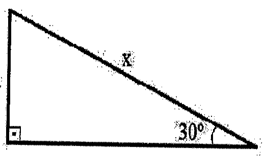 Triângulo retângulo com cateto vertical de 5 m, ângulo reto no canto inferior esquerdo, ângulo de 30° no vértice inferior direito e hipotenusa indicada por x.