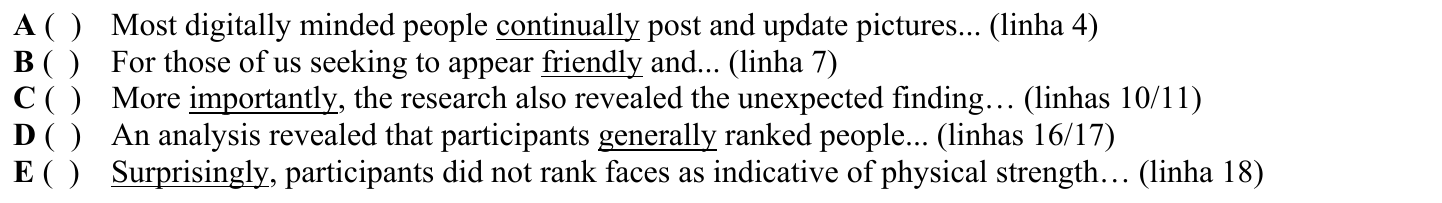 Recorte das alternativas A a E da questão 19 como impressas, com os itens sublinhados: A, “continually”; B, “friendly”; C, “importantly”; D, “generally”; E, “Surprisingly”.