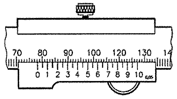 Desenho de um paquímetro com a escala principal graduada de 70 a 140 e o nônio graduado de 0 a 10, com indicação de resolução 0,05.