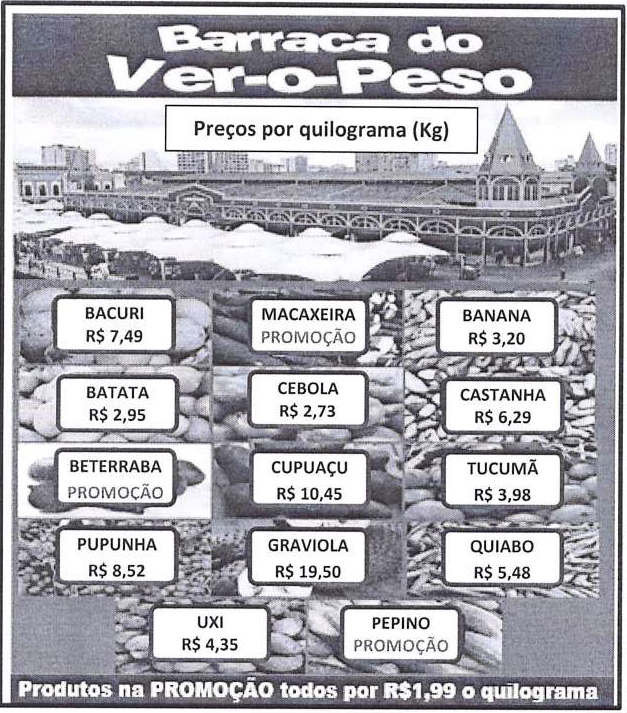 Quadro de preços por quilograma da Barraca do Ver-o-Peso: Bacuri R$ 7,49; Macaxeira promoção; Banana R$ 3,20; Batata R$ 2,95; Cebola R$ 2,73; Castanha R$ 6,29; Beterraba promoção; Cupuaçu R$ 10,45; Tucumã R$ 3,98; Pupunha R$ 8,52; Graviola R$ 19,50; Quiabo R$ 5,48; Uxi R$ 4,35; Pepino promoção. Rodapé: produtos na promoção todos por R$ 1,99 o quilograma.