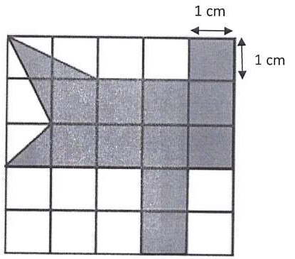 Malha quadriculada de 5 por 5 quadrados de 1 cm de lado, com uma região sombreada formada por quadrados inteiros e por partes triangulares de quadrados.