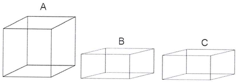 Desenho de um cubo identificado como A e de dois paralelepípedos iguais, de altura igual à metade da aresta do cubo, identificados como B e C.