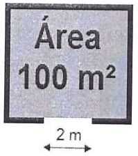 Quadrado com o texto "Área 100 m²" e uma abertura de 2 m em um dos lados.