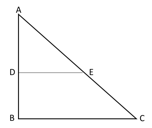 Triângulo ABC retângulo em B, com A no alto, B embaixo à esquerda e C embaixo à direita; o segmento DE é horizontal, com D sobre o lado AB e E sobre o lado AC.
