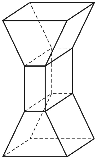 Esquema de sólido formado por dois troncos de pirâmide de bases quadradas, um superior e um inferior, unidos pelas bases menores a um prisma reto central.