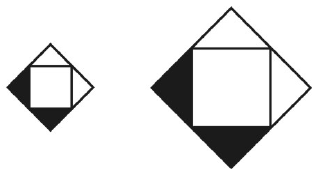 Primeira figura menor, com os triângulos esquerdo e inferior pretos; segunda figura do tamanho do objeto, com os triângulos esquerdo e inferior pretos.